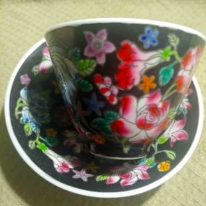 Vintage Chinese Porcelain Floral Teacup & Saucer Set, in Millefleur Famille Noir